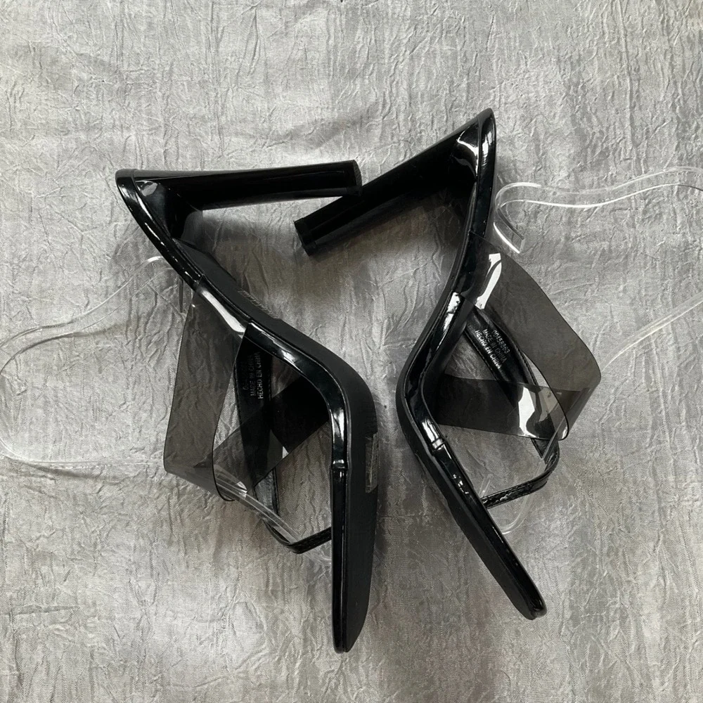 Forever 21 Black Patent Clear Strap Square Toe Thong Heel Mule Sandals Sz 10 Y2K